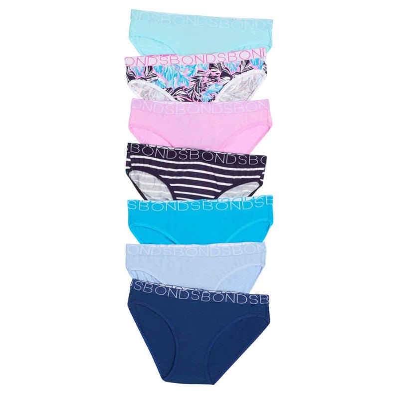 BONDS Kids Underwear Girls Bikini Briefs 7 Pack Pop Palms Blue Bambinista