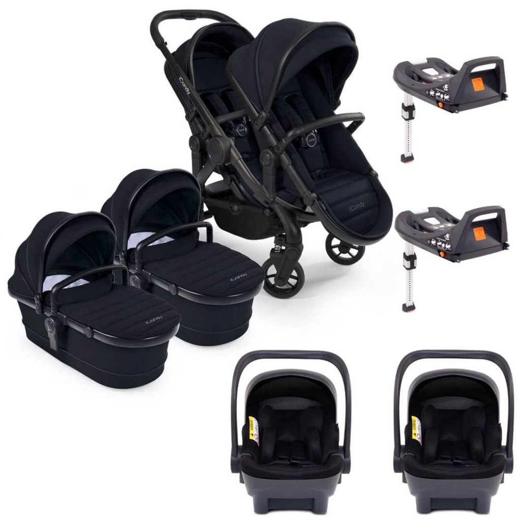 ICANDY Peach 7 Twin Pushchair Bundle With 2 x Cocoon Car Seat Base Black Edition