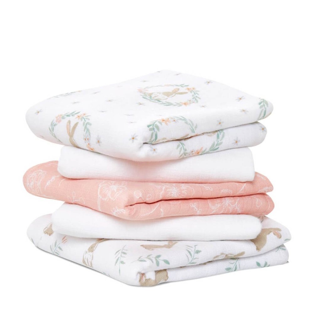 Bambinista-ADEN + ANAIS-Blankets-ADEN + ANAIS Essential 5 Pack Cotton Muslin Squares - Blushing Bunnies