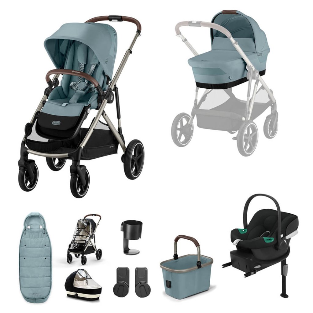 Bambinista - CYBEX - Travel - CYBEX Gazelle S Travel System Comfort Bundle With Gold Footmuff and ATON B2 - Sky Blue