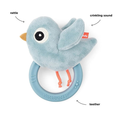 Bambinista - DONE BY DEER - Toys - DONE BY DEER Sensory rattle w/teether Birdee - Blue