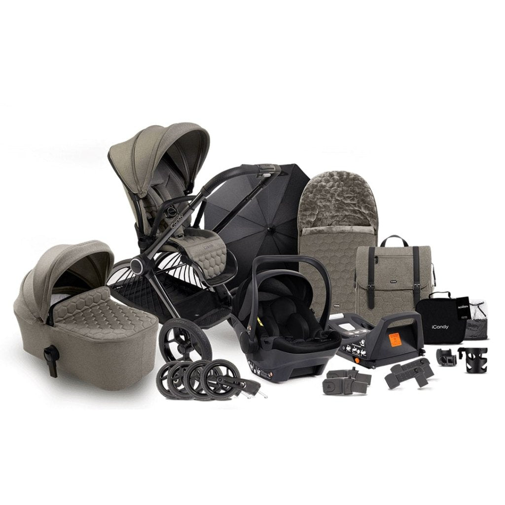 Bambinista-ICANDY-Travel-ICANDY Core Pushchair and Carrycot Complete Bundle with COCOON Car Seat & Base - Phantom (Light moss)