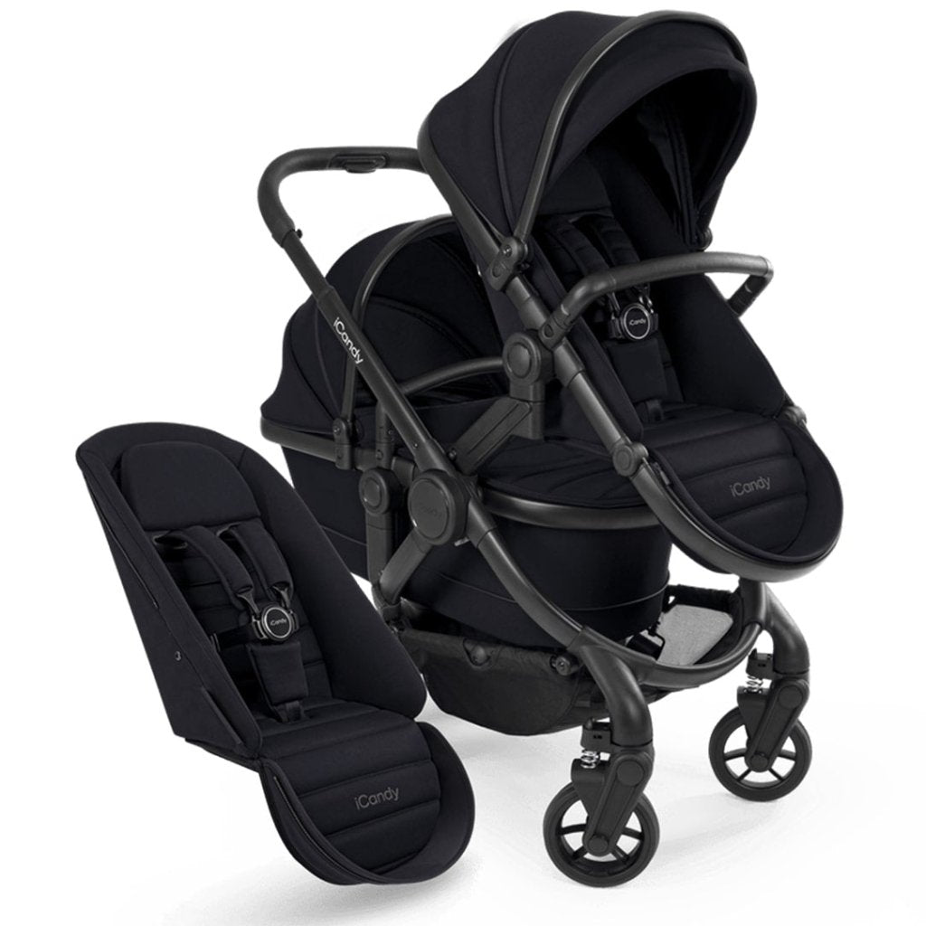 Bambinista - ICANDY - Travel Bundles - ICANDY Peach 7 Double Pushchair and Carrycot Combo Set - Black Edition