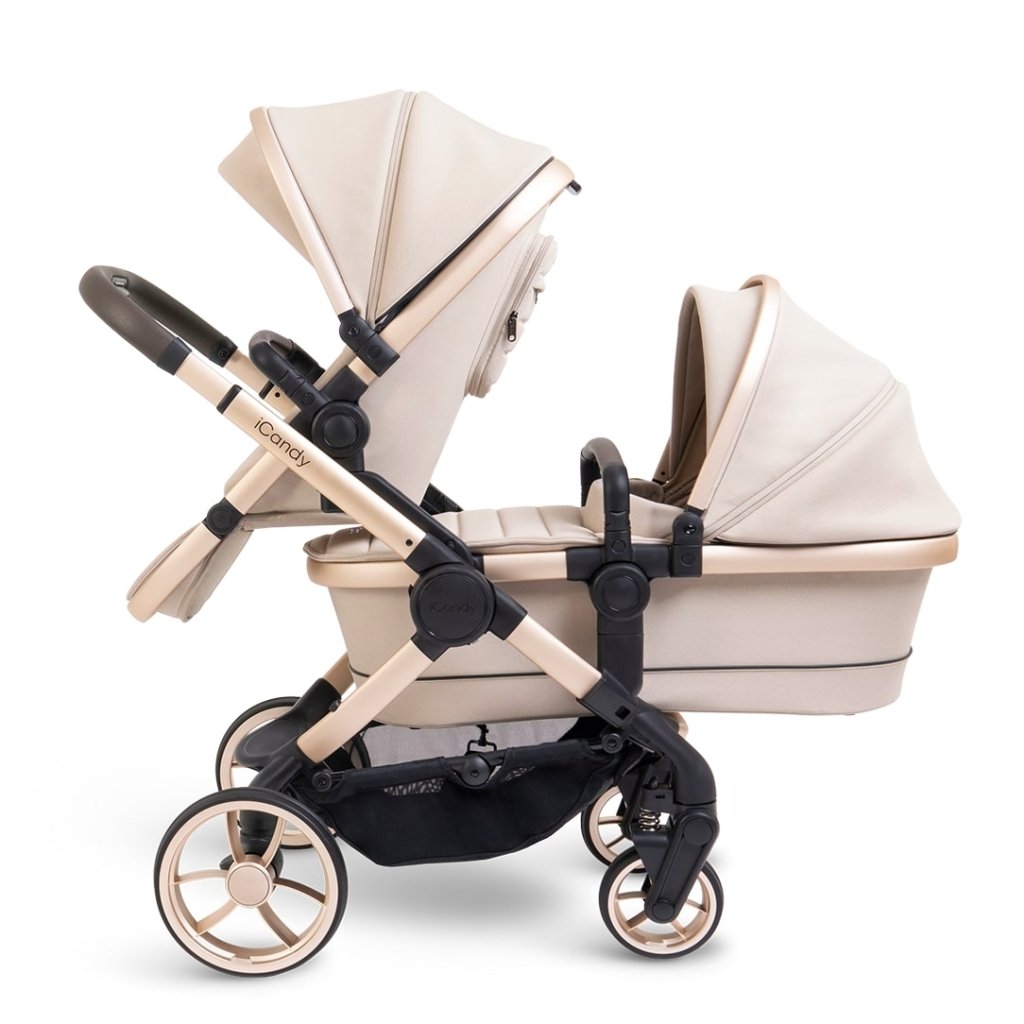 Bambinista - ICANDY - Travel - ICANDY Peach 7 Double Pushchair and Carrycot Complete Bundle Set - Blonde (Biscotti)