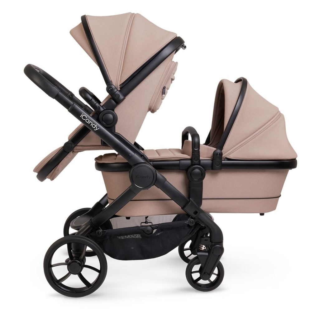 Bambinista - ICANDY - Travel - ICANDY Peach 7 Double Pushchair and Carrycot Complete Bundle Set - Jet (Cookie)