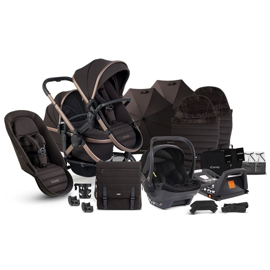 Bambinista - ICANDY - Travel Bundles - ICANDY Peach 7 Double Pushchair and Carrycot Complete Bundle Set - Pecan