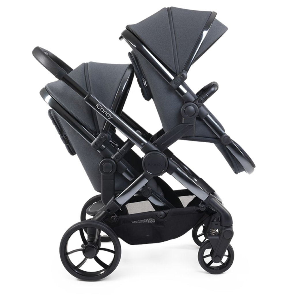 Bambinista - ICANDY - Travel - ICANDY Peach 7 Double Pushchair and Carrycot Complete Bundle Set - Phantom (Dark Grey)