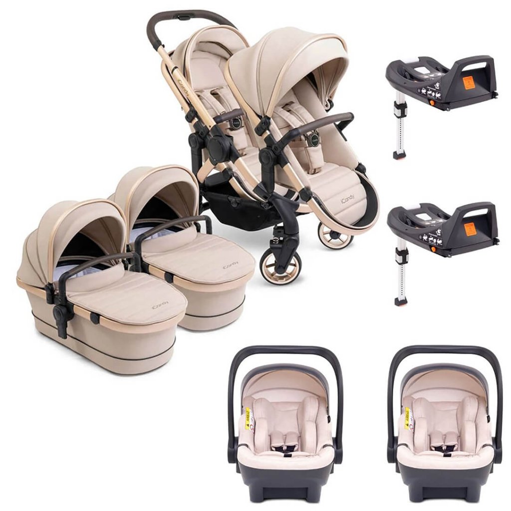 Bambinista - ICANDY - Travel - ICANDY Peach 7 Twin Pushchair Bundle With 2 x Cocoon Car Seat & Base - Biscotti