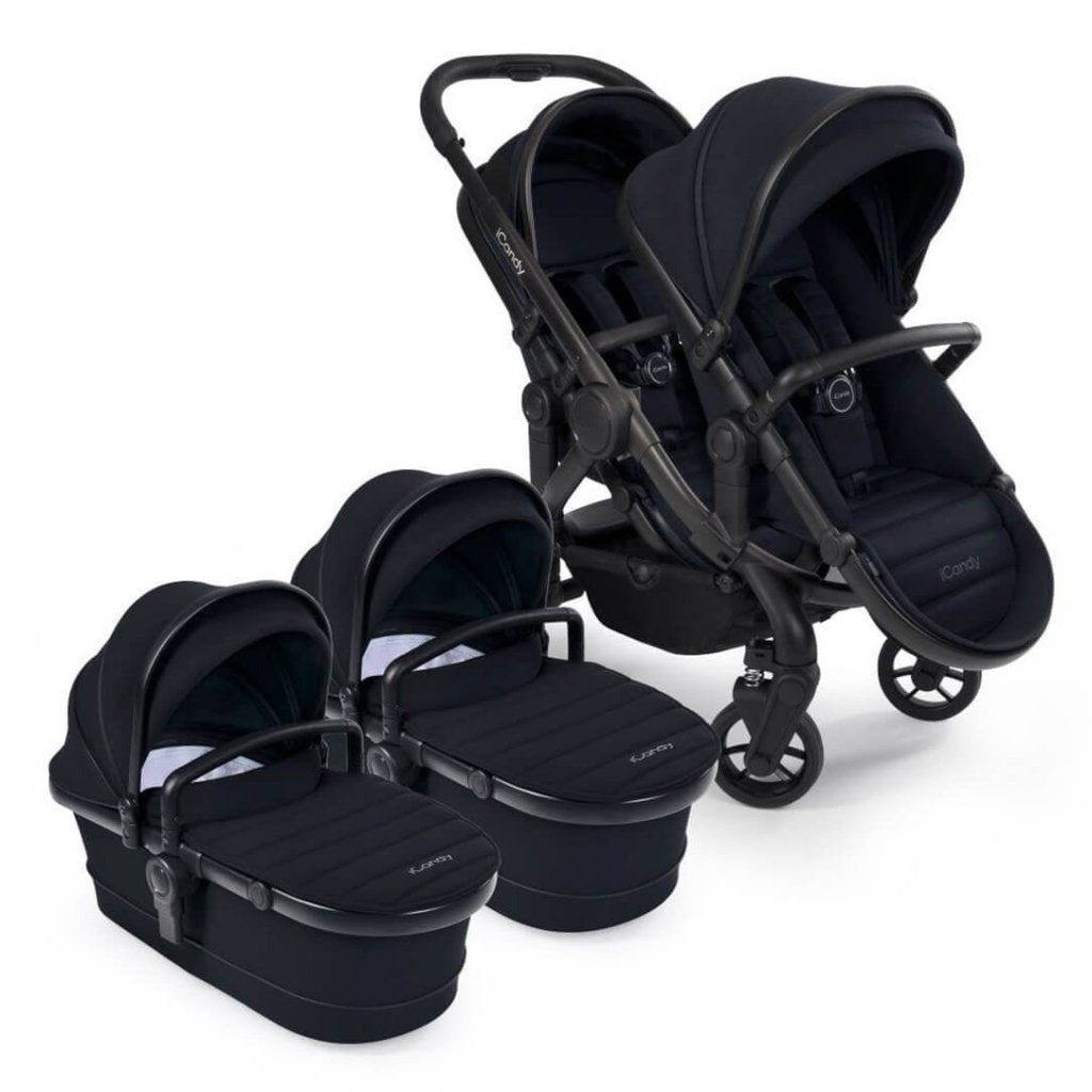 Bambinista - ICANDY - Travel - ICANDY Peach 7 Twin Pushchair Bundle With 2 x Cocoon Car Seat & Base - Black Edition