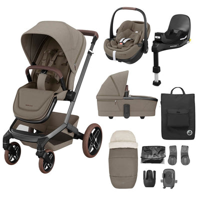 Bambinista - MAXI COSI - Travel - MAXI COSI FAME 10 Piece Premium Travel System with FamilyFix 360 Pro2 - Twilic Truffle (Brown Wheel)