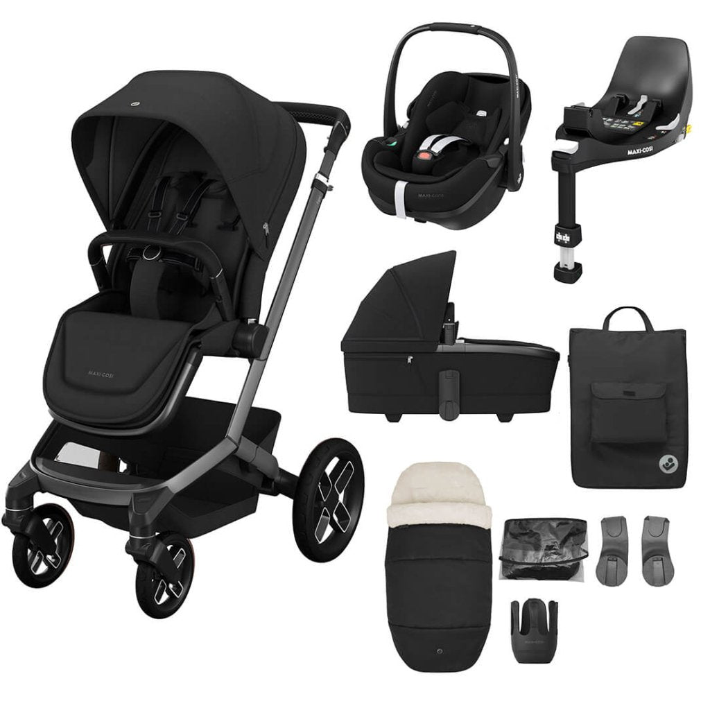 Bambinista - MAXI COSI - Travel - MAXI COSI FAME 9 Piece Travel System with Pebble 360 Pro2 Car Seat and FamilyFix 360 Pro ISOFIX Car Seat Base - Twilic Black