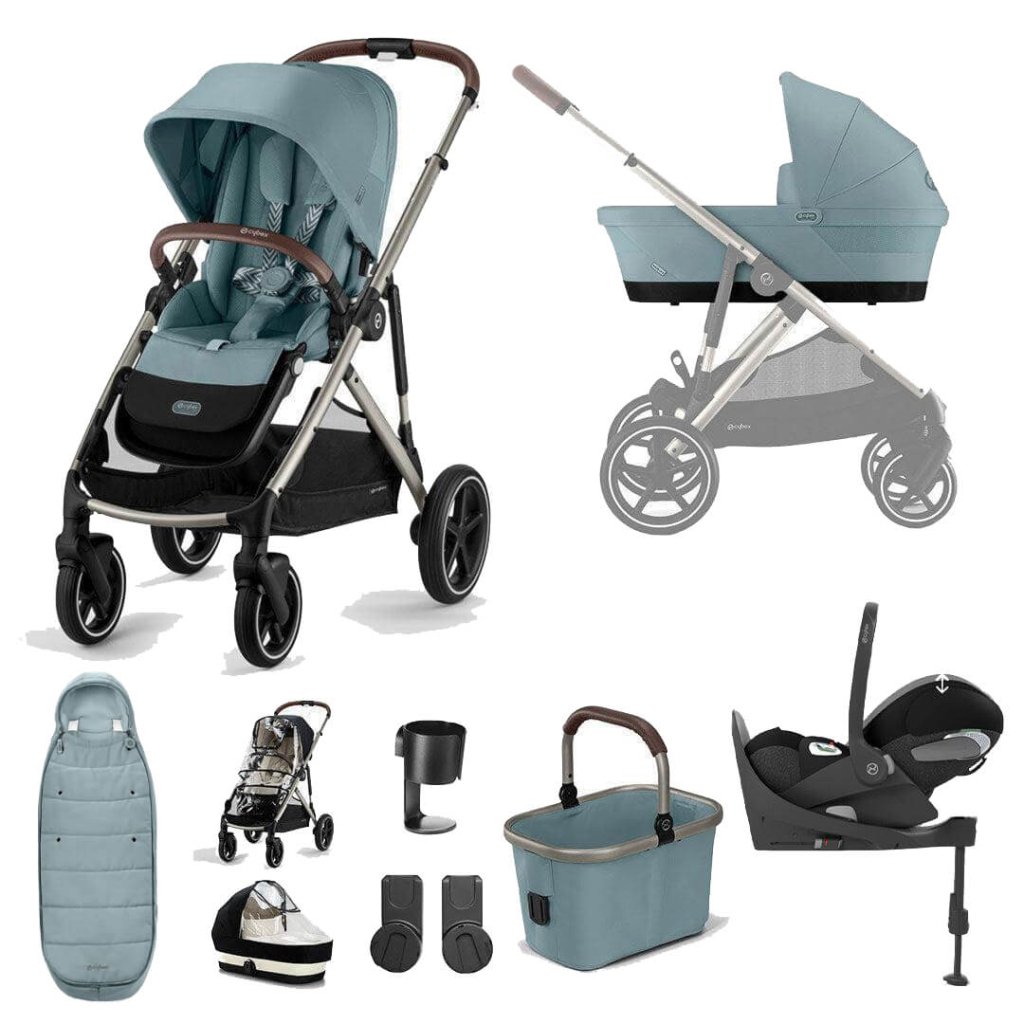 Bambinista-CYBEX-Travel-CYBEX Gazelle S Travel System (10 Piece) Luxury Bundle With Gold Footmuff and CLOUD T - Sky Blue