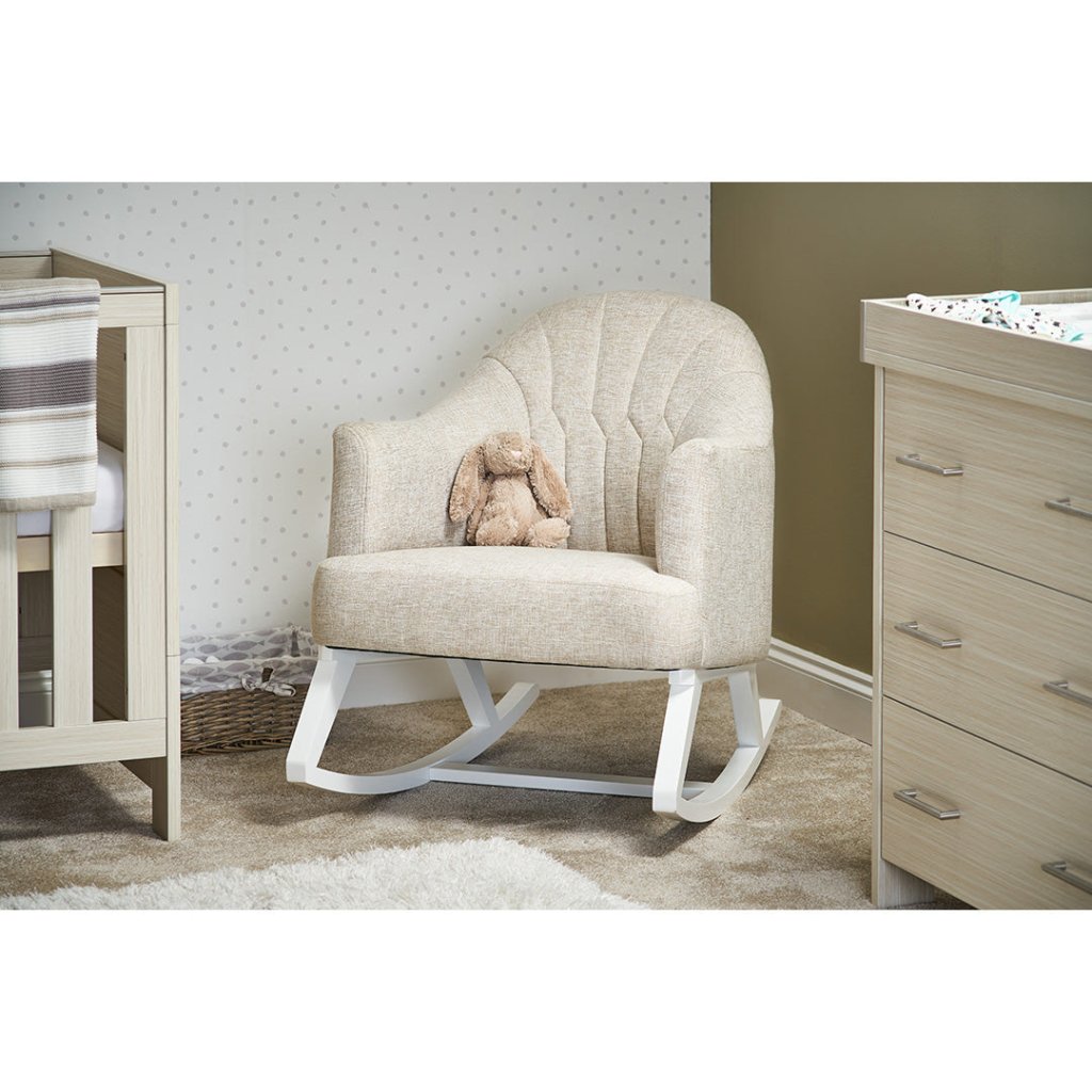 OBABY Round Back Rocking Chair White with Oatmeal Cushions